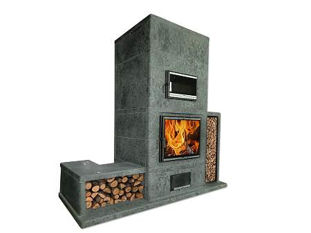 Теплонакопительная Печь-камин с духовкой Torua 25 с двумя дровниками камень серпентинит АНТИК Т40мм